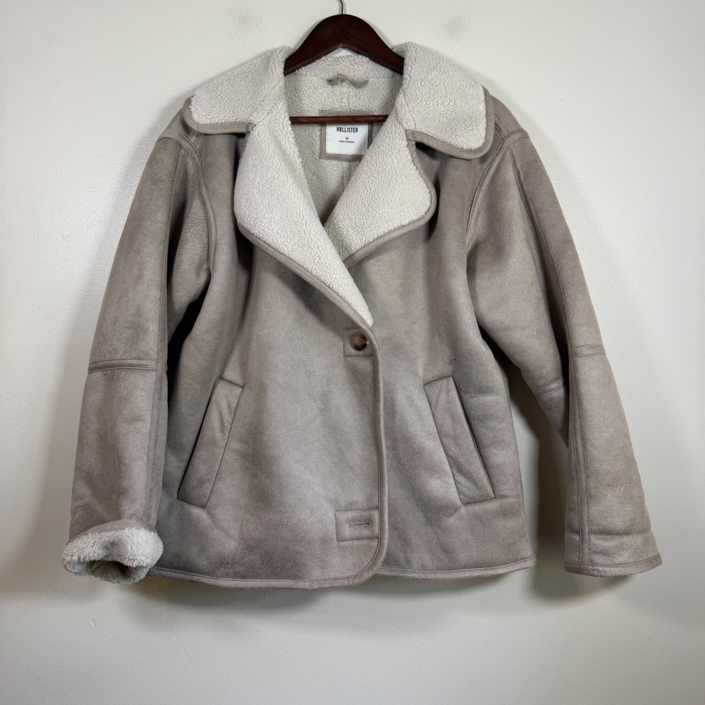 Hollister Faux Suede Shearling Lined Aviator Jacket Size Medium Taupe